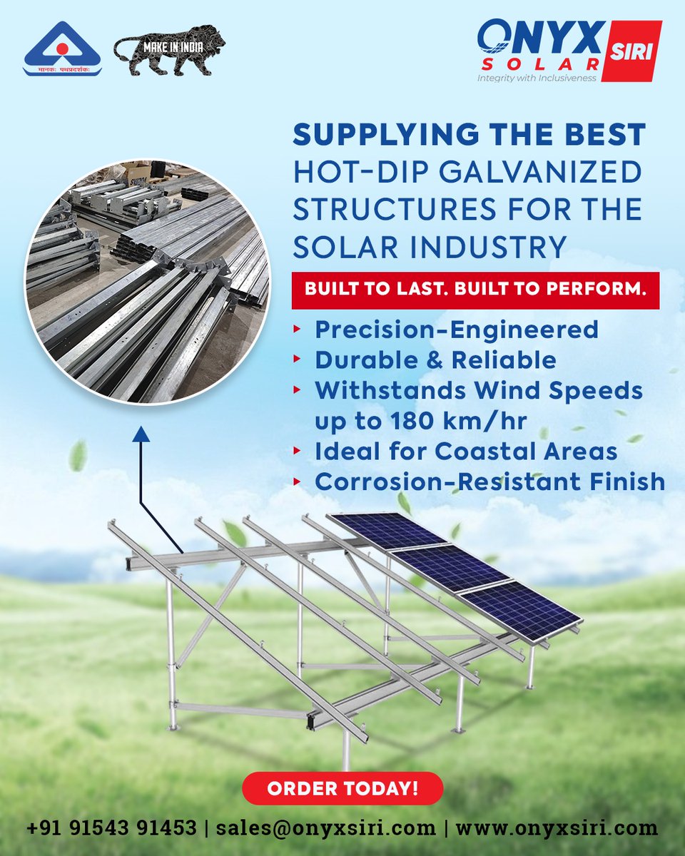 onyxsirisolar's tweet image. Supplying the Best for the Solar Industry!
ONYX SIRI delivers  the best hot-dip galvanized structures ! 

🌟 Built to Last. Built to Perform
📞 Order Today: +91 91543 91453
🌐 onyxsiri.com

#SolarMountingSystems #OnyxSiriSolar #MakeInIndia #SolarEnergySolutions