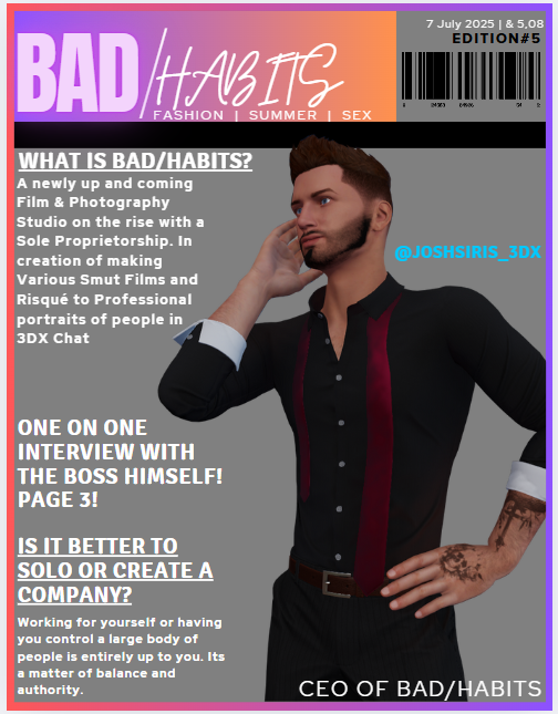 JoshSiris_3Dx's tweet photo. ＢＡＤ/𝐻𝒶𝒷𝒾𝓉𝓈  Magazine Edition: #5 Sponsored:
@HustlerProduct1

With @JoshSiris_3Dx 
#3dxchat #3dxchatlife #NSFW #3dxchatart #adultvideogame #nsfw #virtualphotography #Game #BADHABITS 

Will you be the next Star in the Magazine? https://t.co/hynKXKUBJk