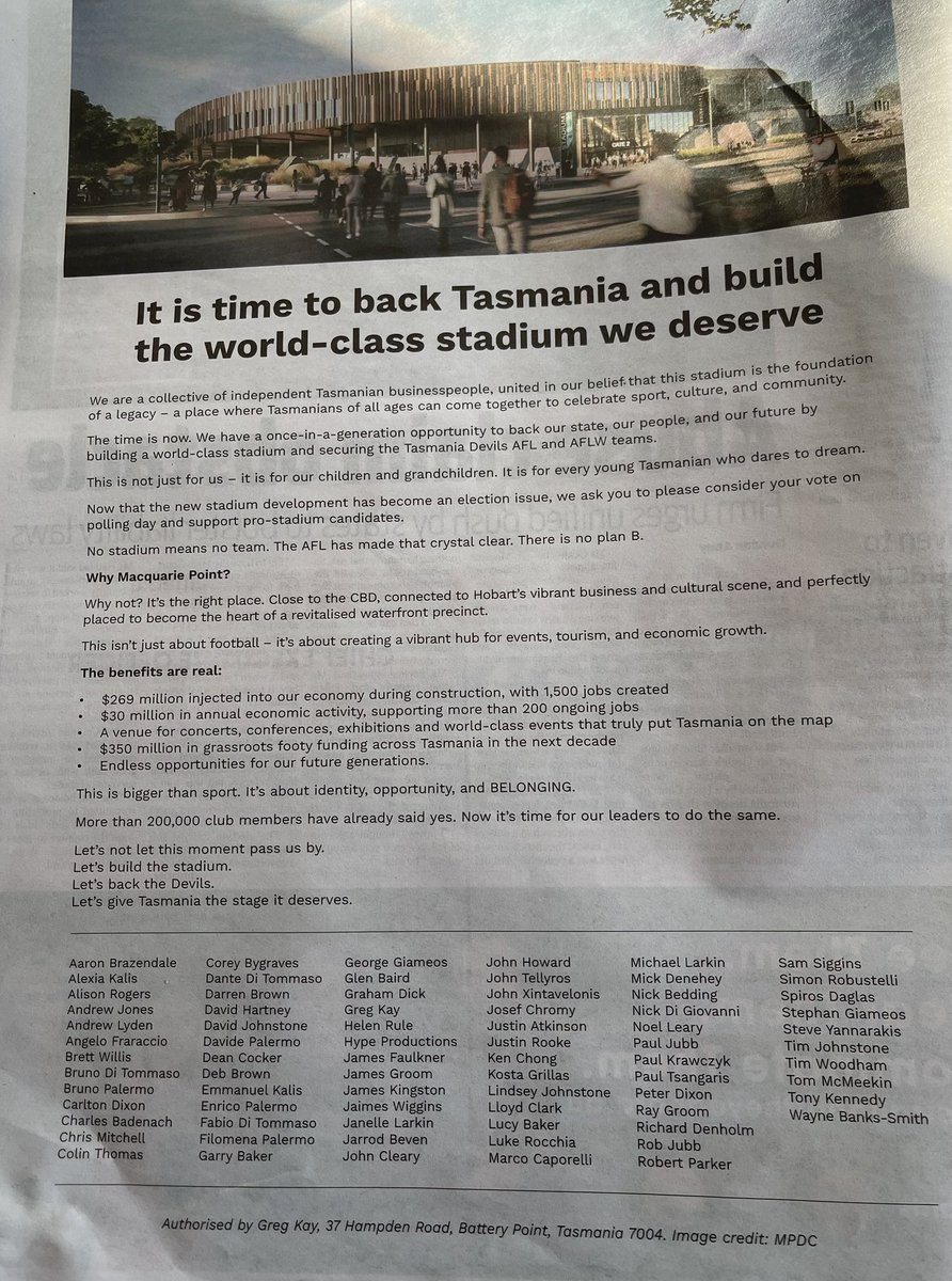 C_Frohmader's tweet image. For those in #Tassie who didn’t see the full page ad in Saturdays Mercury by the ‘united independent businesspeople’ re the #Stadium here’s a copy. Wouldn’t it be amazing if these same people took out a full page ad re #homelessness; #csa DV; #poverty; #AYDC etc. 🙄

#politas