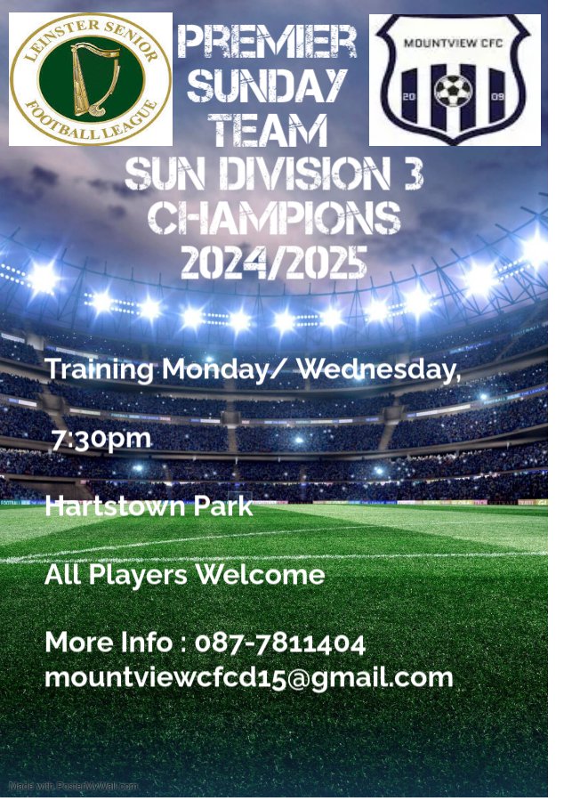 ⚽️ | 𝑷𝒍𝒂𝒚𝒆𝒓𝒔 𝑾𝒂𝒏𝒕𝒆𝒅 𝑭𝒐𝒓 𝑺𝒆𝒏𝒊𝒐𝒓 𝑴𝒆𝒏’𝒔 𝑻𝒆𝒂𝒎𝒔

After promotion to Premier 1 Sunday we’re looking for new players to join our senior men’s squad for the upcoming Leinster Senior League season to build on the success of last year. Training tonight 7pm