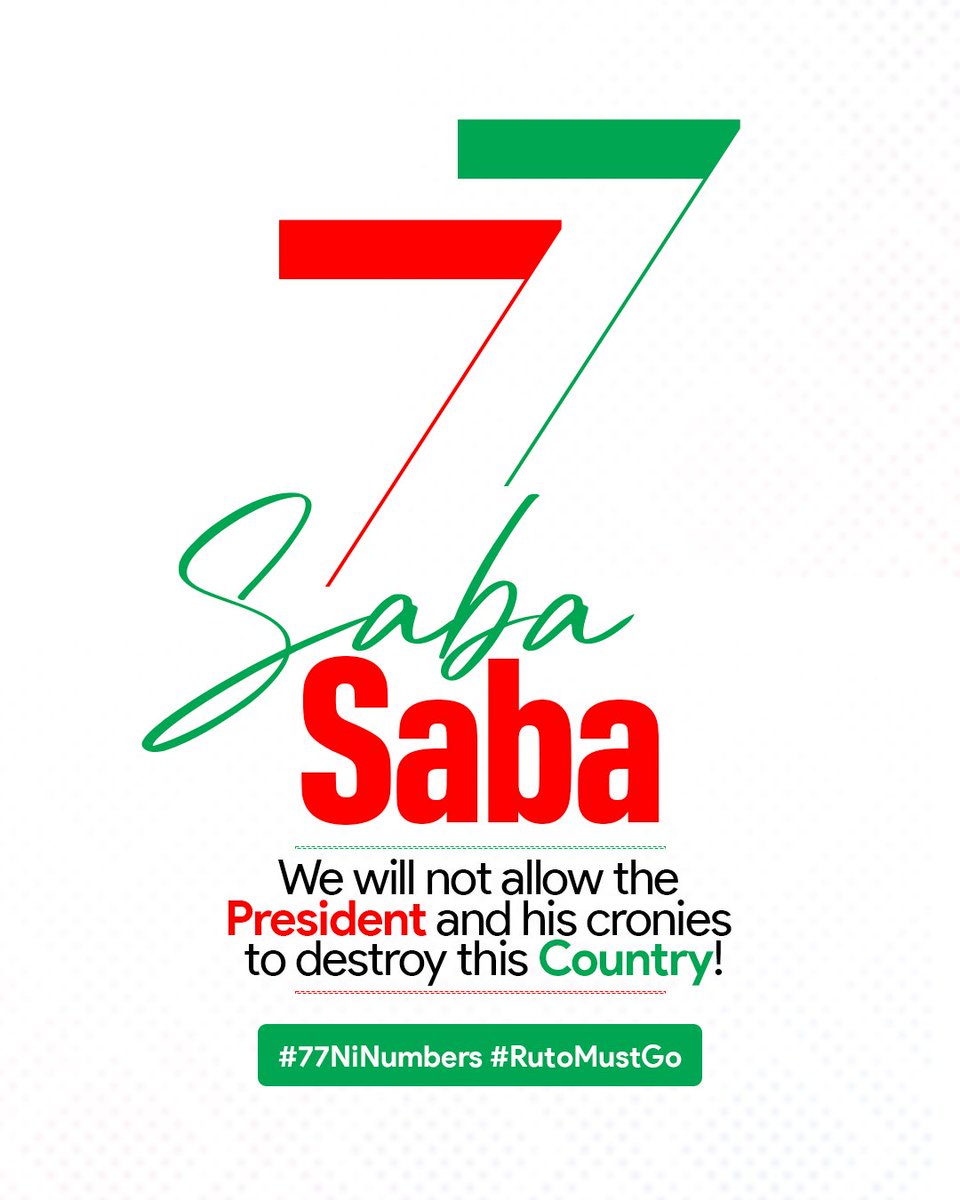 Nairobi at Standstill 

Nakuru at Standstill 

Eldoret at Standstill 

Kisumu at Standstill 

Mombasa at Standstill 

Kakamega at Standstill 

The whole country at standstill 

A Public Holiday without lifting a finger.

#SabaSaba2025 #77NiNumbers #RutoMustGoNow