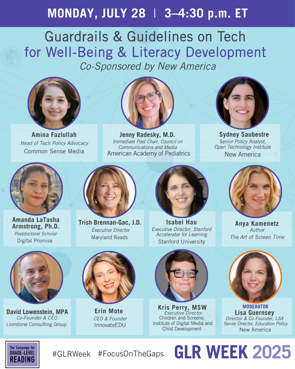 readingby3rd's tweet image. Join @Readingby3rd + @NewAmerica for a #GLRWeek convo on digital well-being, screen time, & raising kids in the AI age. #EdTech featuring voices from @CommonSense @DigitalPromise @MarylandReads @childrenscreens + more!
Mon, July 28, 3pm ET. Register: bit.ly/4lkzOOl