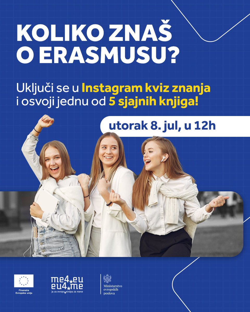 me4eu's tweet image. KOLIKO ZNAŠ O ERASMUSU?
Vrijeme je za nagradni kviz! Odigraj naš kviz znanja i osvoji jednu od 5 sjajnih knjiga!
Vidimo se u utorak, 8. jula u 12h na našem instagram profilu!
Sve odgovore možeš pronaći u našim nedavnim objavama i mini kampanji o #Erasmusu
Srećno✨
