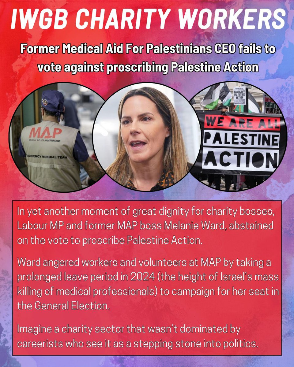 In yet another moment of great dignity for charity bosses 🙄 Labour MP and former Medical Aid For Palestinians CEO Melanie Ward, abstained on the vote to proscribe Palestine Action.