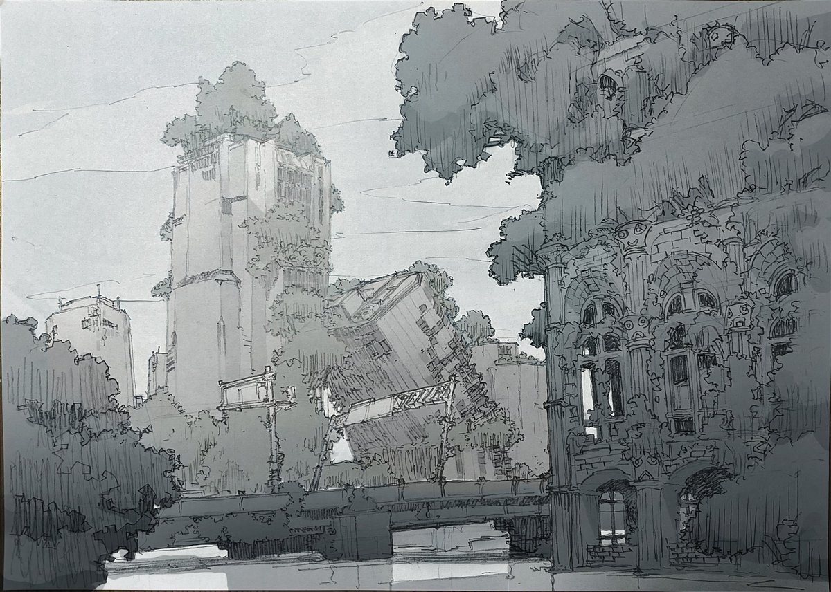 ryo_timo's tweet image. 家に帰った時にうちの子と一緒にお絵描きした時の絵です。
同じ血だなって思うのですが、うちの子も廃墟好きです。