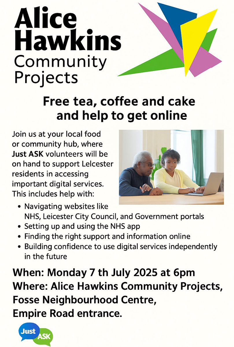 Do you struggle with using online tools and apps to access services?   Come for coffee &amp; cake &amp; learn how to use the council website, NHS App, Government websites etc. with our foodbank volunteers.  

Today 6pm at the foodbank. (Empire Rd entrance Fosse Neighbourhood Centre).