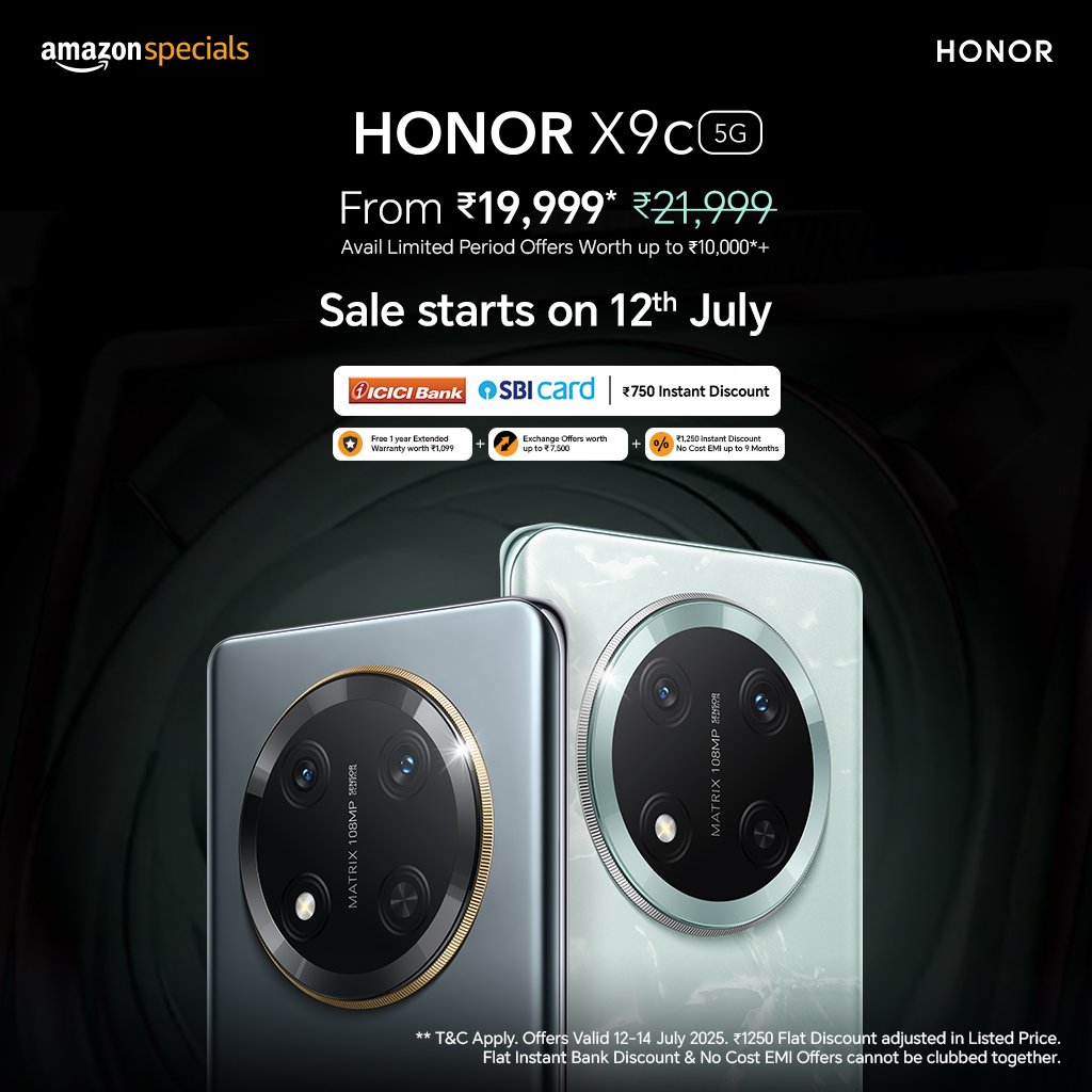 A_sharma45's tweet image. HONOR X9c 5G launched in India at ₹19,999 🇮🇳
• 6.78&quot; 1.5K Curved AMOLED, 120Hz
• Snapdragon 6 Gen 1
• 108MP Main + 5MP Ultra-wide
• 16MP Selfie
• 6600mAh Battery, 66W Fast Charging
• IP65, Drop Resistant, Stereo Speakers
• MagicOS 9 (Android 15)

#HONORX9c5G #TechFamily