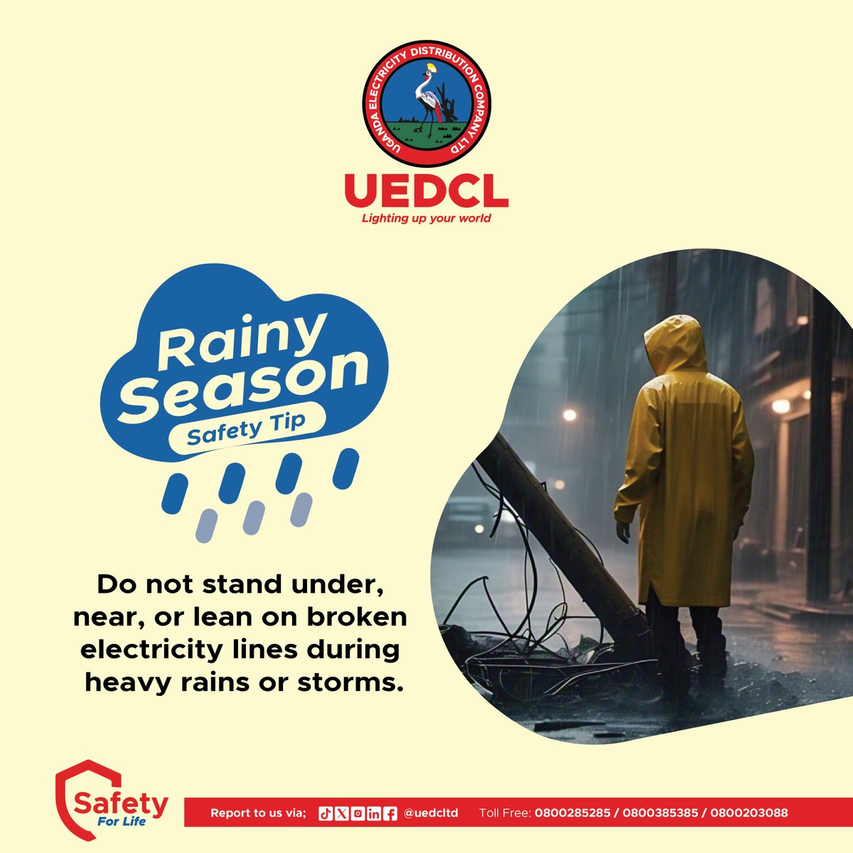 Do not stand under, near, or lean on broken electricity lines during heavy rains or storms — it’s extremely dangerous.   

Report such incidents to us immediately for your safety and that of others.  

#UEDCLinService 
#LightingUpYourWorld