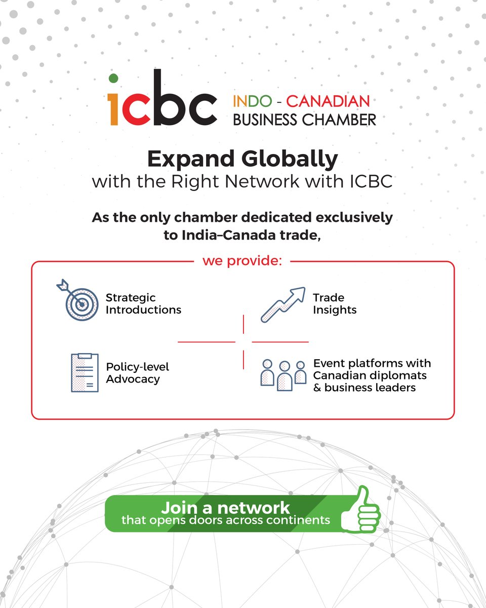 Unlock the power of India-Canada trade with ICBC — your gateway to global business growth. Because success today is about who you’re connected to. 🌍

Join the only chamber dedicated to Indo-Canadian ties.

📞 011 4300 5808 | 🌐 icbc.org.in
#ICBC #IndiaCanadaTrade