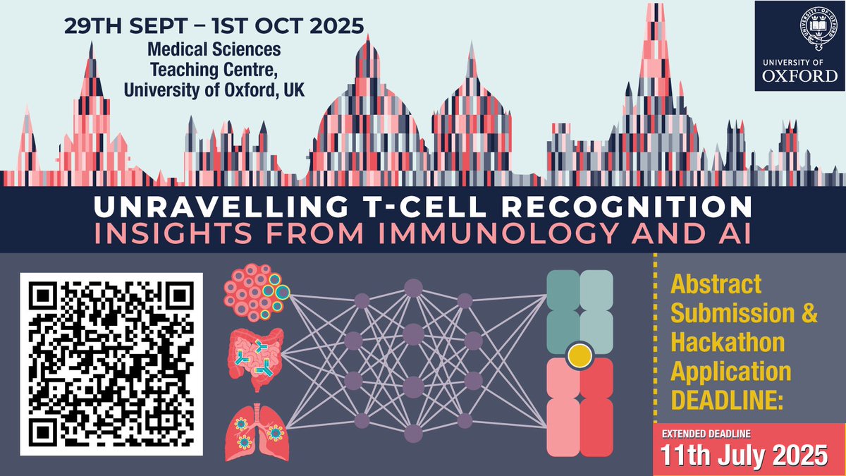ABSTRACT submission deadline now extended to July 11th! 

Register now to join us at this exciting Meeting and Hackathon.
cvent.me/94L9A5 

Oxford, Sept 29th - Oct 1st 2025  
#Tcells #AI #Immunology #Oxford #Hackathon