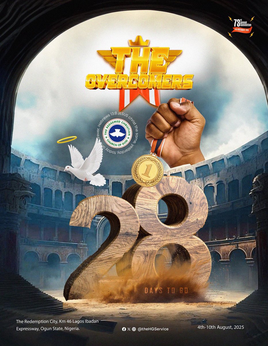 TheHGService's tweet image. 28 Days to Go! The medal is not for those who ran, it's for those who overcame. The Overcomers are arising in Glory, Power, and Purpose! From August 4th to 10th, 2025, Redemption City becomes the battleground of miracles, breakthroughs, and divine encounters.
Come ready. Come…