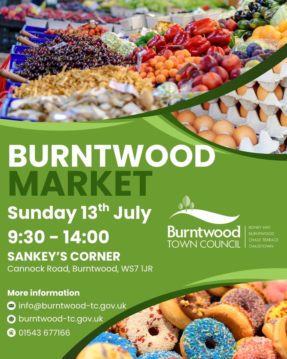 Burntwood Market is back this Sunday supported by Bert &amp; Gerts Ltd. We are looking forward to welcoming our brilliant traders who will bring you the best fruit &amp; veg, quality meat &amp; fish, farm-fresh eggs, artisan cheese, plants, sweet treats, gift items and so much more