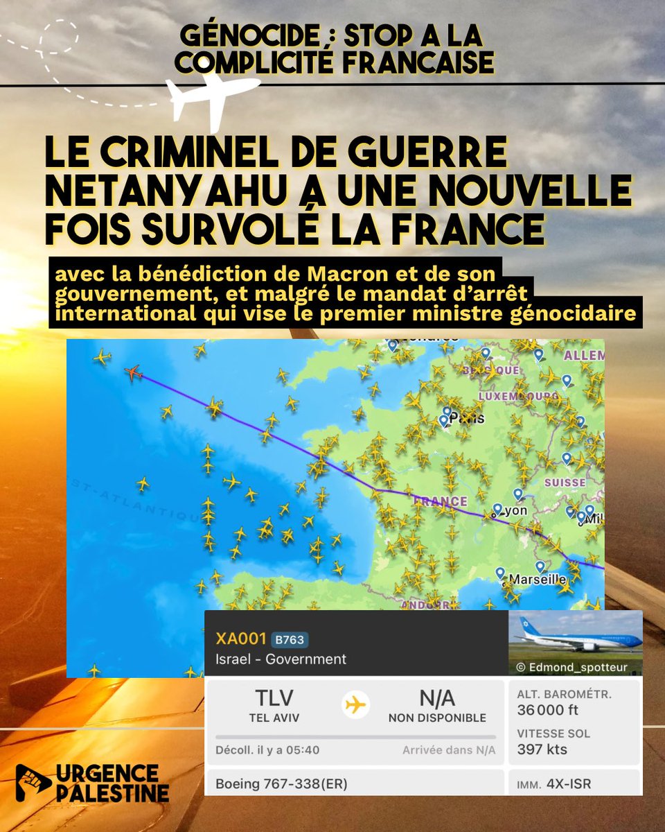 ✈️ Une nouvelle fois, Netanyahu a survolé le territoire français… sous mandat d’arrêt international avec la bénédiction d’ <a href="/EmmanuelMacron/">Emmanuel Macron</a> et <a href="/francediplo/">France Diplomatie 🇫🇷🇪🇺</a> <a href="/jnbarrot/">Jean-Noël Barrot</a>