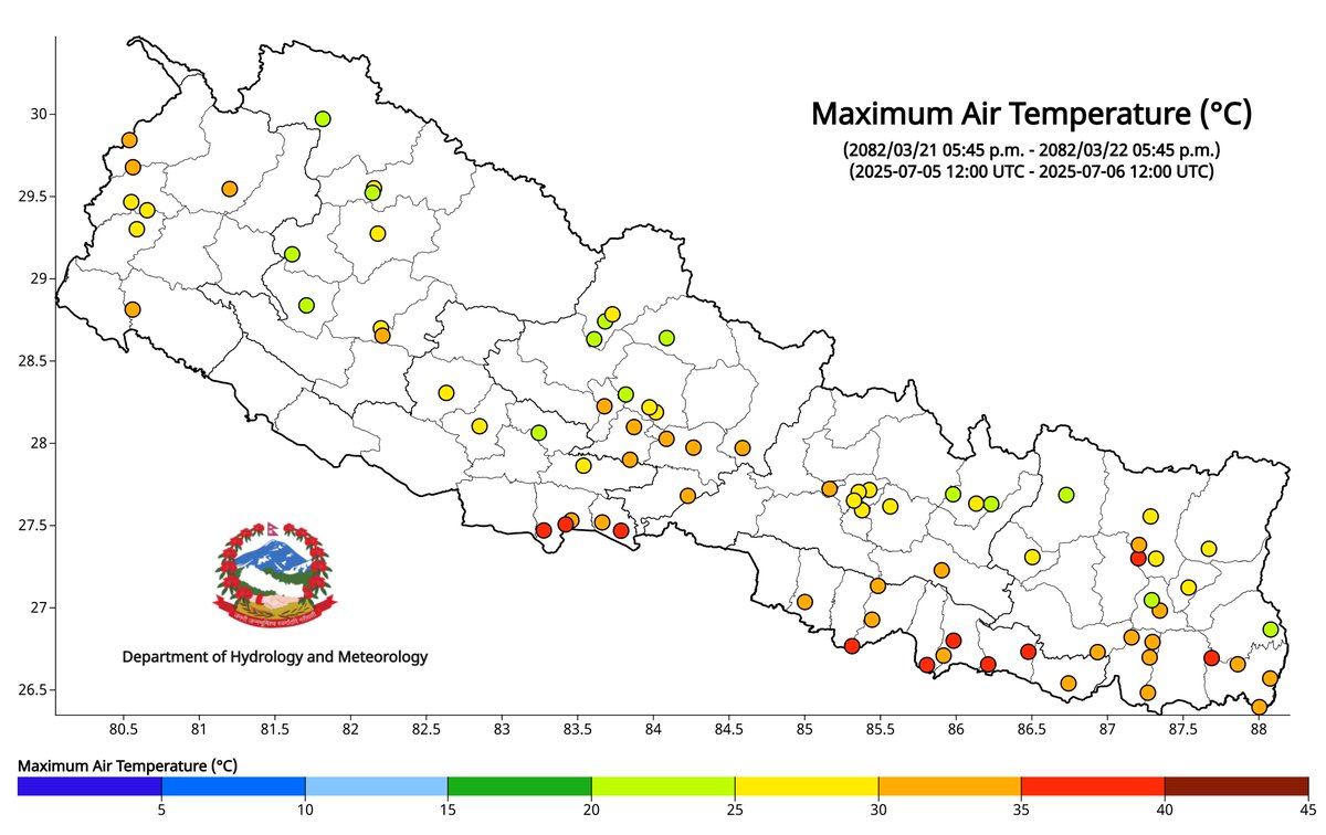 ClimateDhm's tweet image. #Daily_Weather_Summary_7th_July_2025
The highest daily precipitation (96.5mm) is recorded at Rivan (kaski) today. The highest temperature (36.7°C) is recorded at Gaur (Rautahat) and the lowest (10.5°C) at Humde (Manang). For more, visit dhm.gov.np/climate-