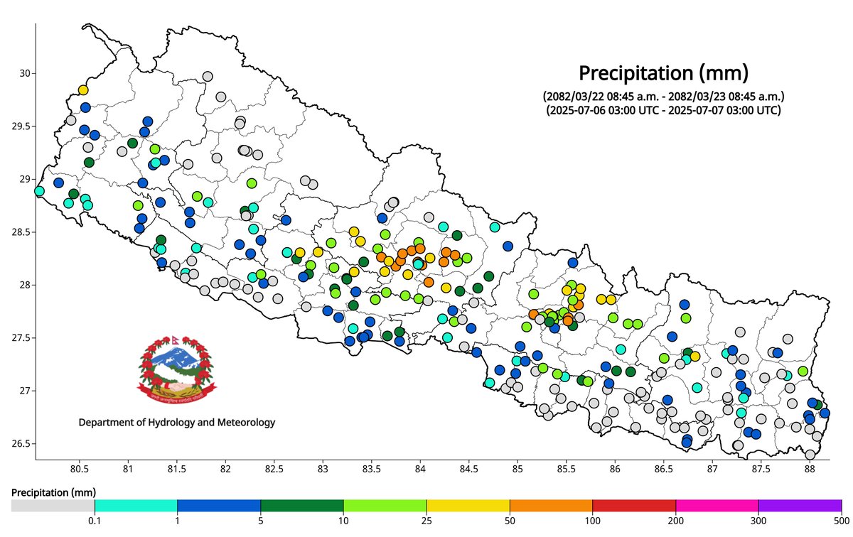 ClimateDhm's tweet image. #Daily_Weather_Summary_7th_July_2025
The highest daily precipitation (96.5mm) is recorded at Rivan (kaski) today. The highest temperature (36.7°C) is recorded at Gaur (Rautahat) and the lowest (10.5°C) at Humde (Manang). For more, visit dhm.gov.np/climate-