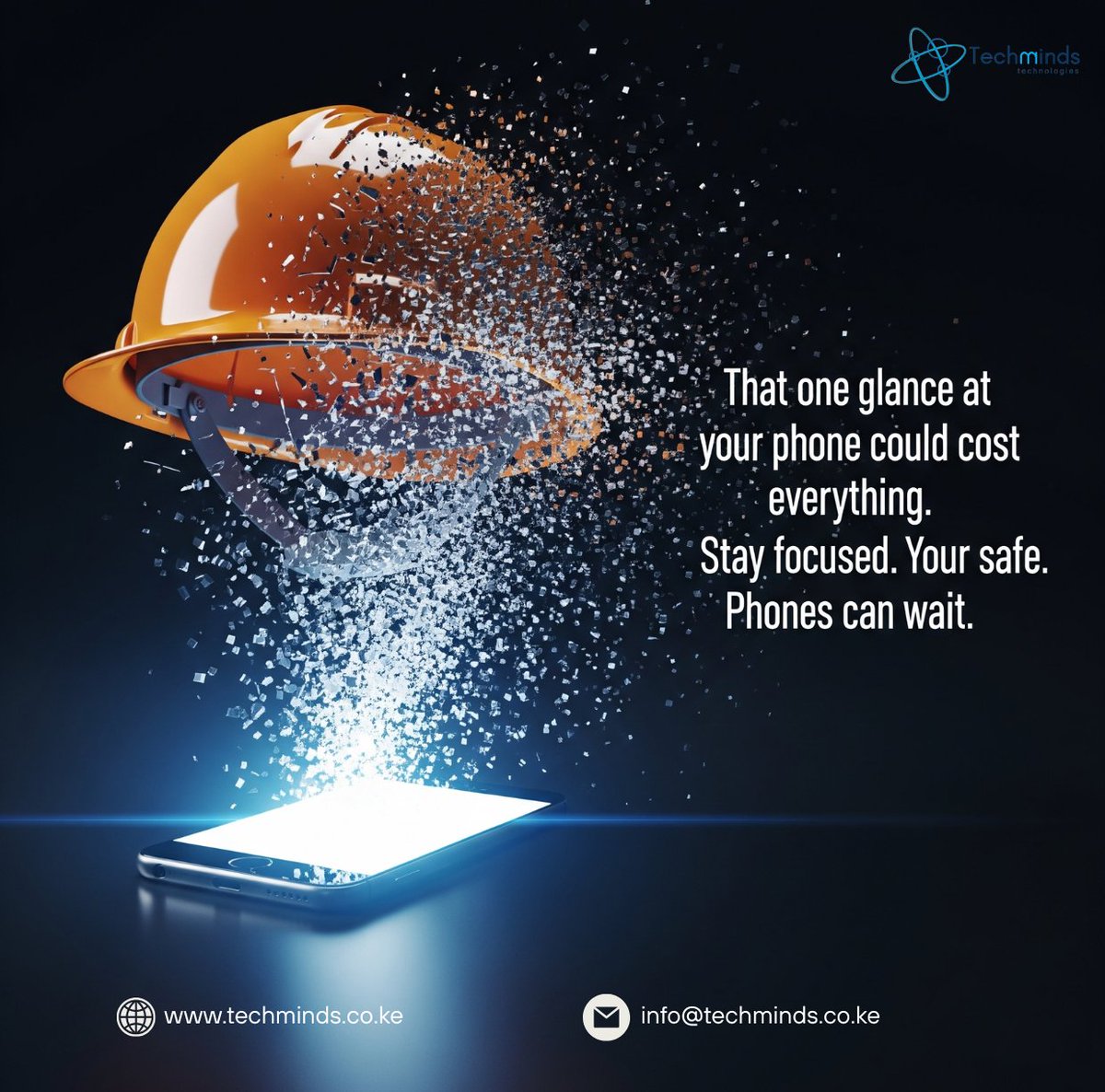 techminds_ltd's tweet photo. A single glance at your phone can change everything.
It might feel harmless to check a message or scroll for a second, but in that moment, your attention is no longer on what matters most.
Phones can wait. Your life can’t.
Let’s build a safer, more focused work culture together. https://t.co/quCq09veaC