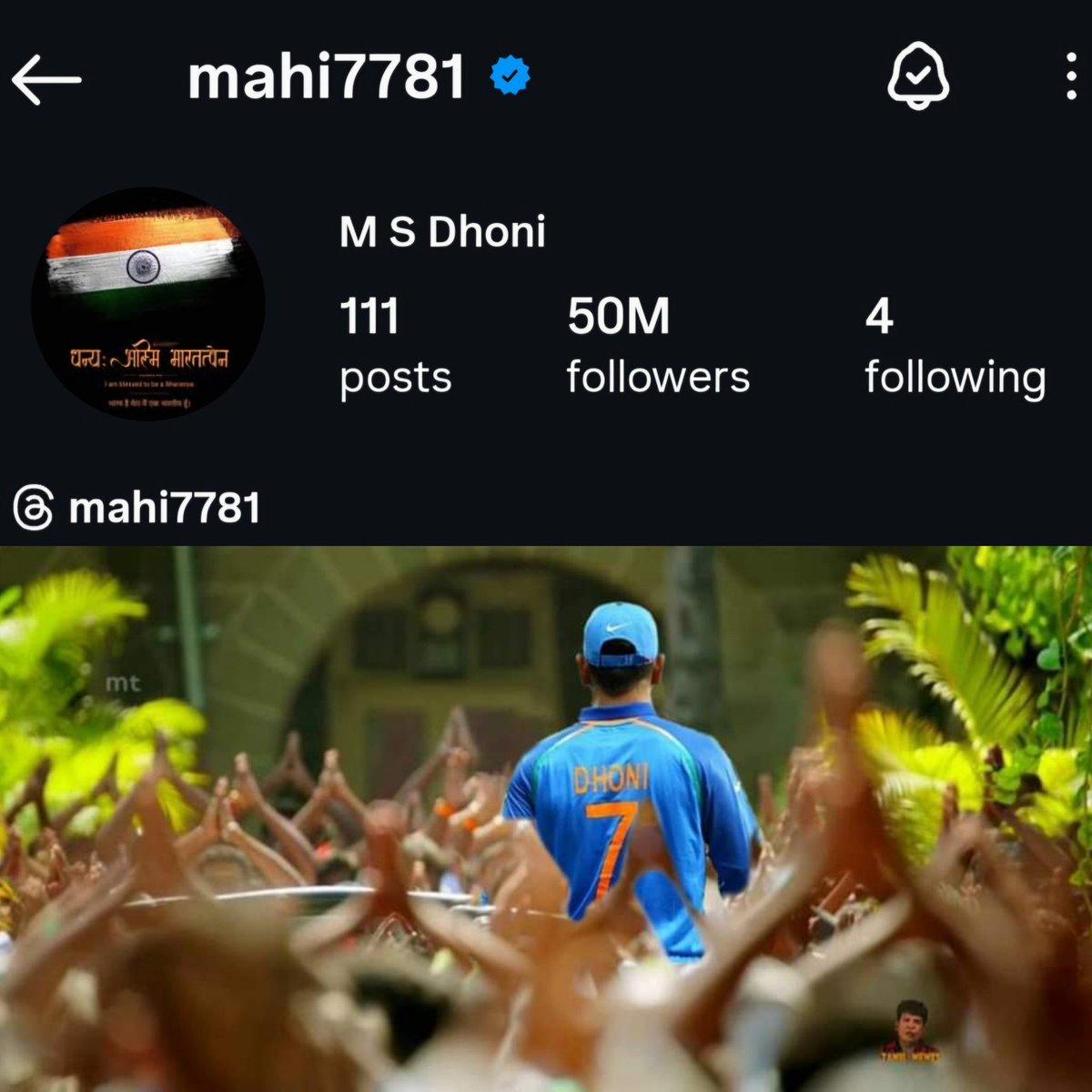 WorshipDhoni's tweet image. 1st cricketer to complete 50M followers on instagram without bots.