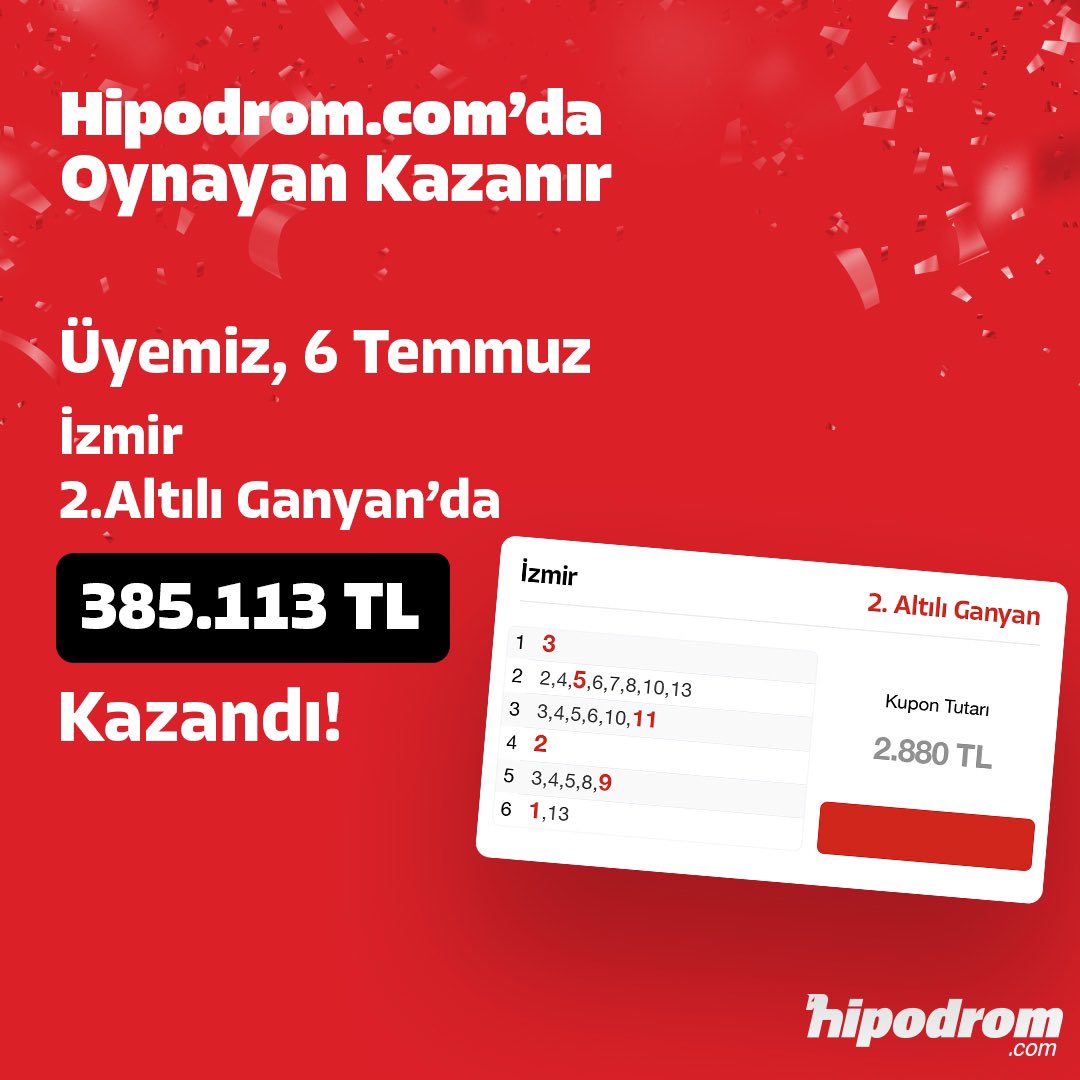 💥 🎁 6 Temmuz Pazar İzmir yarış programında 2. altılı ganyanda 6 misli bularak 385.113 TL kazanan üyemizi tebrik ederiz.