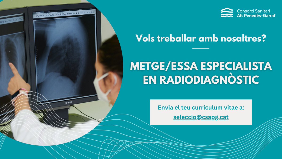 csapg_'s tweet image. 🔵Al @csapg_ busquem un/a metge/essa amb especialitat en #Radiodiagnòstic.
Consulta tota la informació a: csapg.cat/professionals/…
#MésCSAPG #OfertaLaboral #Ofertadefeina