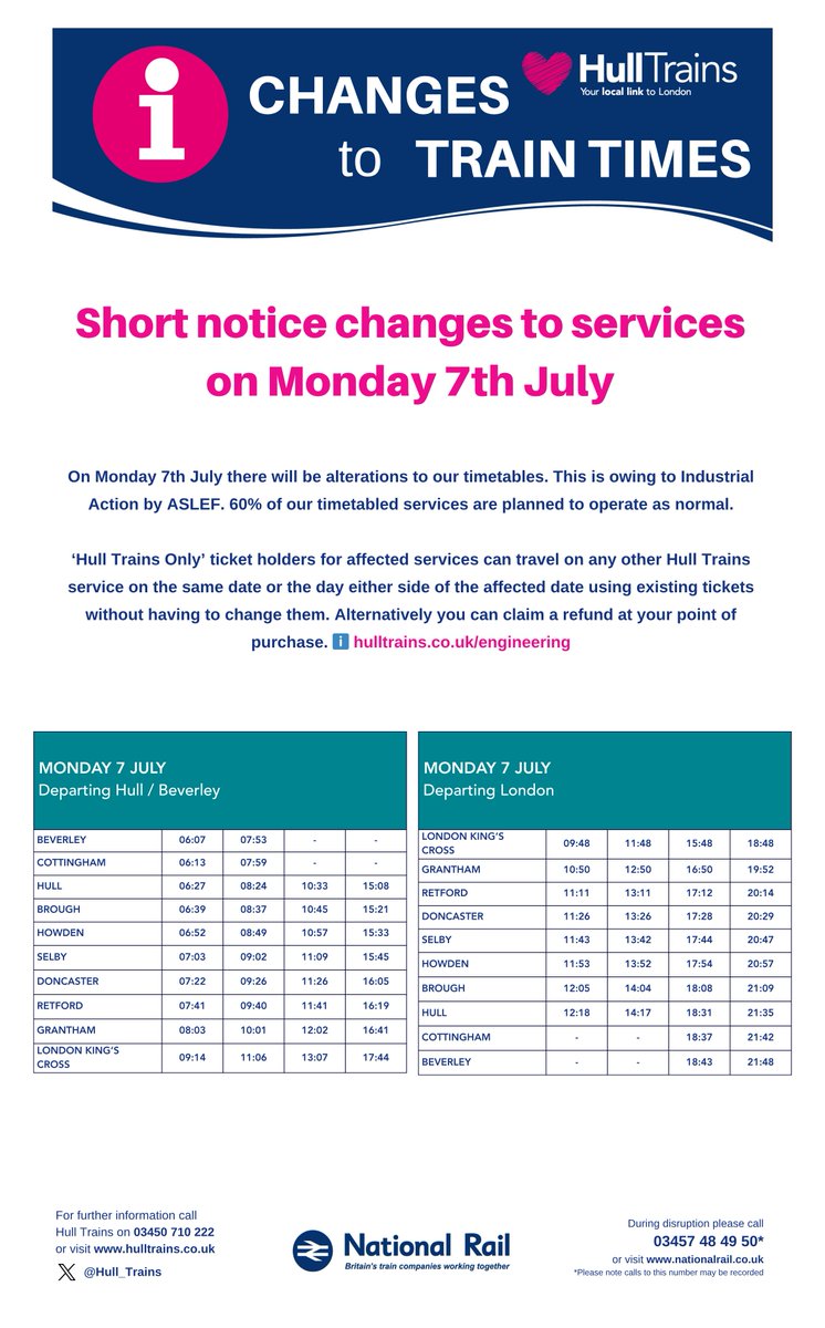 There will be short notice changes to our timetable on Monday 7th July. 60% of our timetabled services are planned to operate as normal. See our confirmed timetable below. Any changes will be communicated in advance. As always, we recommend checking before you travel.

Ticket