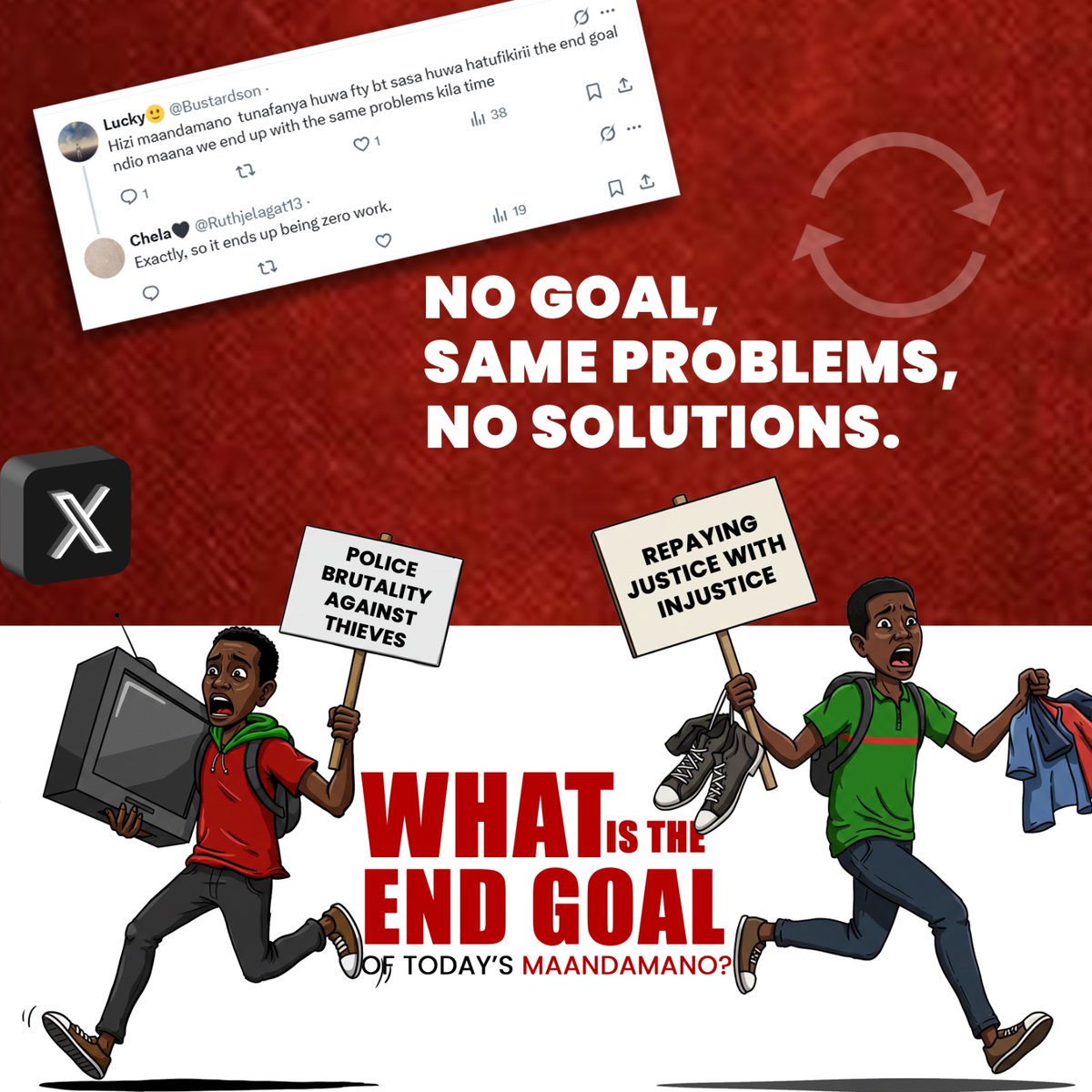 mzalendohalisi0's tweet image. Running in circles, just like these guys. Feels like we're protesting the same issues over &amp;amp; over with #NoGoal, #SameProblems, #NoSolutions. Are we even thinking about the endgame anymore?  Let’s get focused, people #WhatsTheGoal
#JusticeNotChaos
#SelectiveOutrage