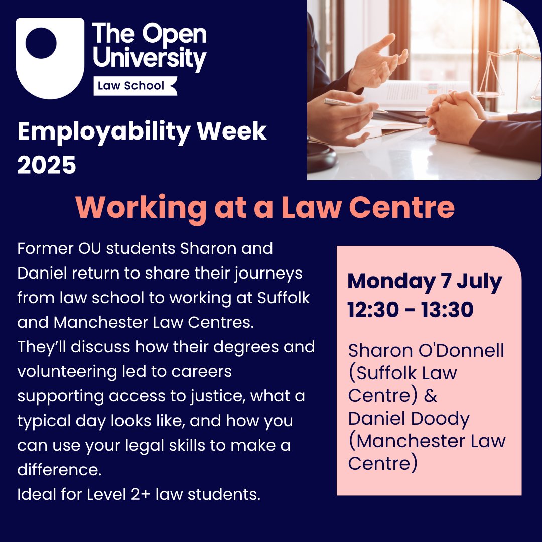 🟢🔵TODAY 12:30 🗣️💻
A must-attend for OU Law students (Level 2+)

Q&amp;A included — bring your questions!

Details here..👇
ow.ly/nizL50WgAXg

#OpenUniversity #LawCareers#LegalAid #OUAlumni #LawStudents #Volunteering #LegalSkills