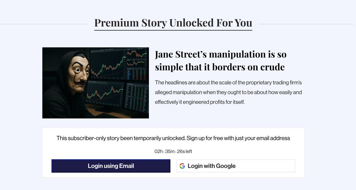 🔓We have made this story FREE to read for a  limited time. Everyone’s talking about how big Jane Street’s gains were. The real story? How easily they made them.
themorningcontext.com/yesterday/jane…