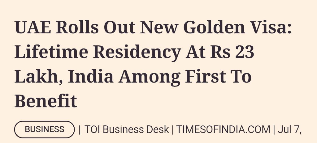UAE rolls out golden visa with just 23 lakhs with lifetime residency.

Expecting huge outflow of Indian talent &amp; HNIs to UAE.