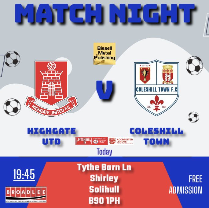 Coleshill Town FC (@coleshilltownfc) on Twitter photo 🚨 MATCH-DAY 🚨
First of three games this week, another chance to see us turnout once again. Look forward to seeing you all tonight.
📆 Tonight
⚽️<a href="/HighgateUnited/">Highgate United FC</a>
🏆 <a href="/NorthernPremLge/">The Pitching In Northern Premier League</a>
⌚ 19:45 K.O 🕰️
📍Tythe Barn Lane, Solihull. B90 1PH. 🚨 MATCH-DAY 🚨
First of three games this week, another chance to see us turnout once again. Look forward to seeing you all tonight.
📆 Tonight
⚽️<a href="/HighgateUnited/">Highgate United FC</a>
🏆 <a href="/NorthernPremLge/">The Pitching In Northern Premier League</a>
⌚ 19:45 K.O 🕰️
📍Tythe Barn Lane, Solihull. B90 1PH.