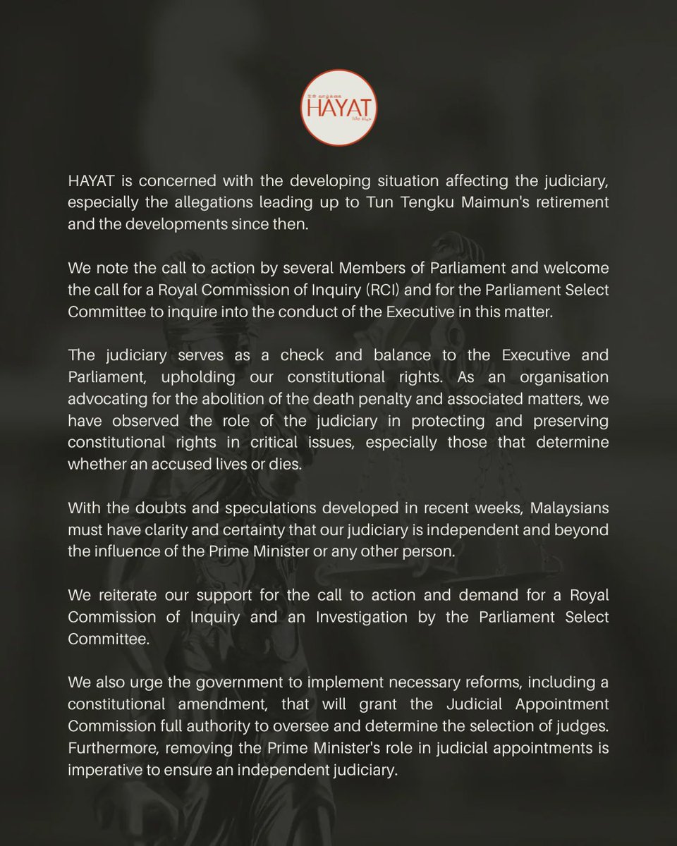 [MEDIA STATEMENT] 

HAYAT extend our support to the call for a Royal Commission of Inquiry (RCI) into the conduct of the Executive in judicial appointments.