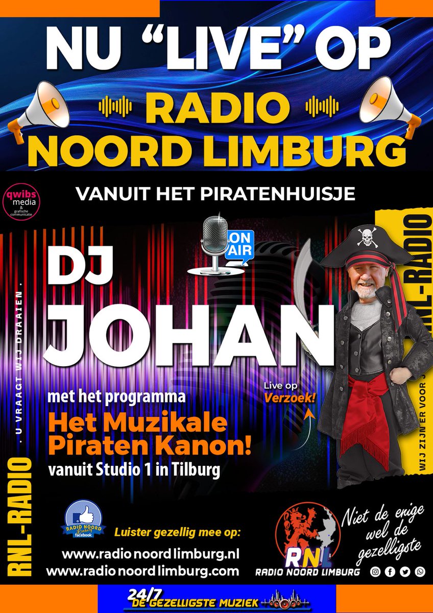 Goedemorgen
Na jaren op de 3 meterband als radio Bernisse in Spijkenisse
Nu op het internet als de piraten expres met Dj Johan
Van uit dat kleine piraten huisje in Tilburg
Luister gezellig mee van 10:00 uur tot 13:00 uur
radionoordlimburg.nl