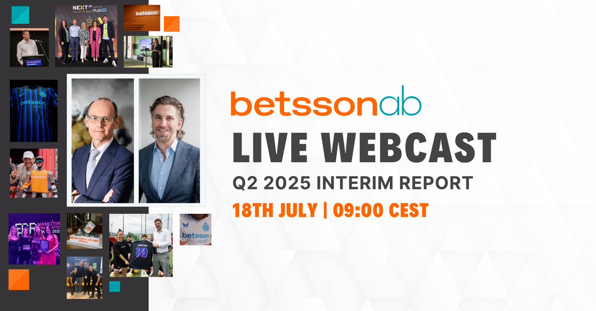 Join us for Betsson's Live Webcast of Q2 2025 Interim Report on Friday, 18 July, at 9:00 CEST. Pontus Lindwall, CEO of Betsson AB, and Martin Öhman, CFO, will present the results for the second quarter of 2025 in English. 📈
 
Read more at: betssonab.com/press/invitati…