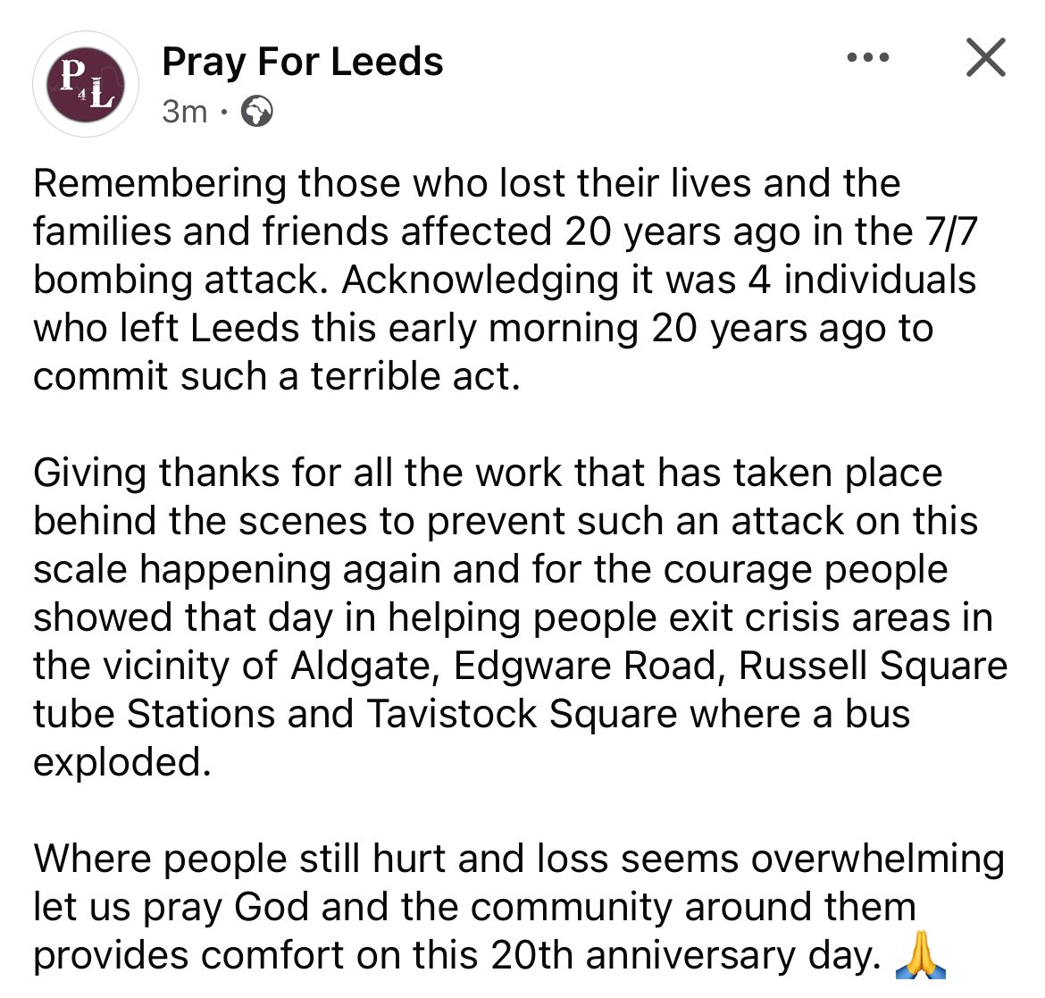 Remembering those who lost their lives in the 7/7 bombing 20 years ago. See reflection below. 🙏