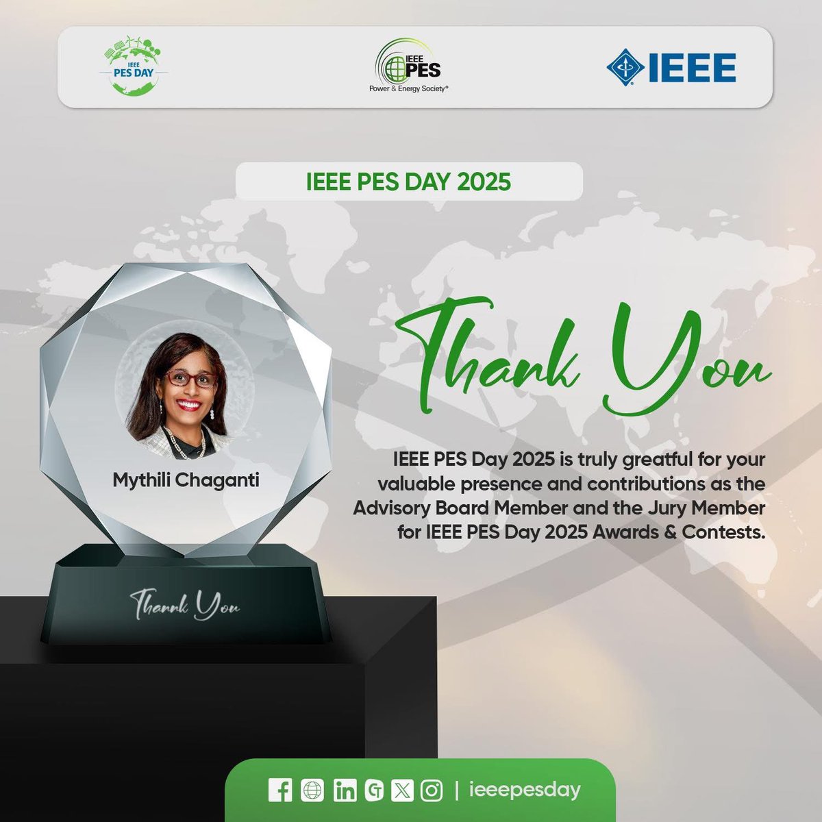 With heartfelt appreciation, we celebrate Mythili Chaganti for her outstanding leadership and dedication as an Advisory Board Member and Jury Member at IEEE PES Day 2025. 🙌