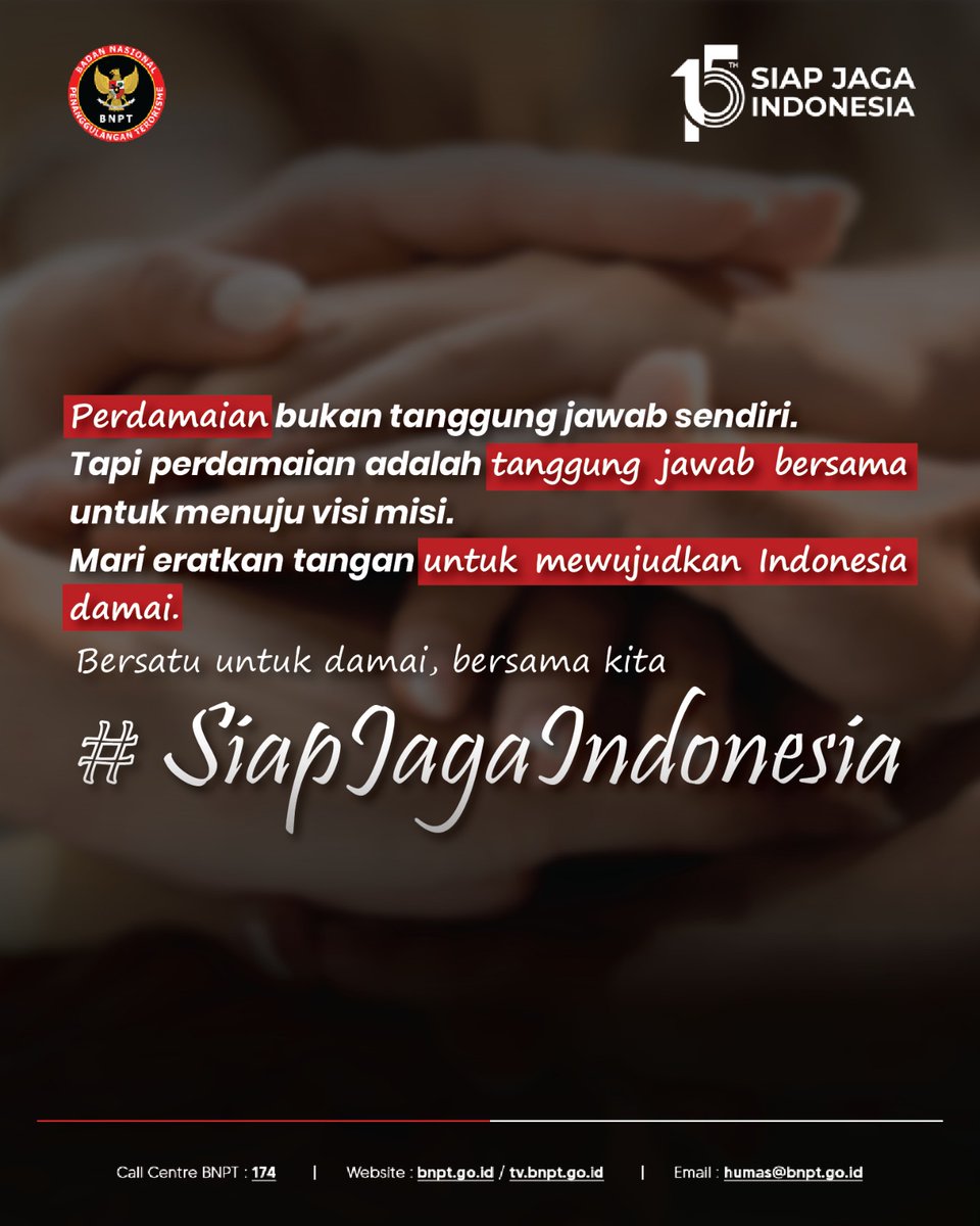 #SobatDamai, mari kita jaga keutuhan Indonesia dengan menghindari perselisihan, jaga perdamaian dengan menghargai sesama saudara satu bangsa. 

Mari eratkan tangan bersama untuk menuju Indonesia damai dengan menjunjung tinggi perbedaan dan toleransi.

#SiapJagaIndonesia
