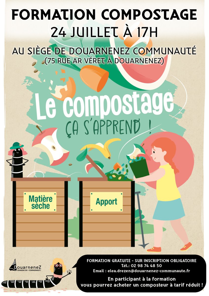 [COMPOSTAGE]☘️🌱
Bien faire son compost, ça s’apprend !
Rendez-vous le 24 juillet 2025, à 17h, dans les locaux de Douarnenez Communauté (75, rue ar véret à Douarnenez) pour suivre une formation GRATUITE au compostage. Sur inscription.
✅Plus d'infos : douarnenez-communaute.fr/atelier-compos…