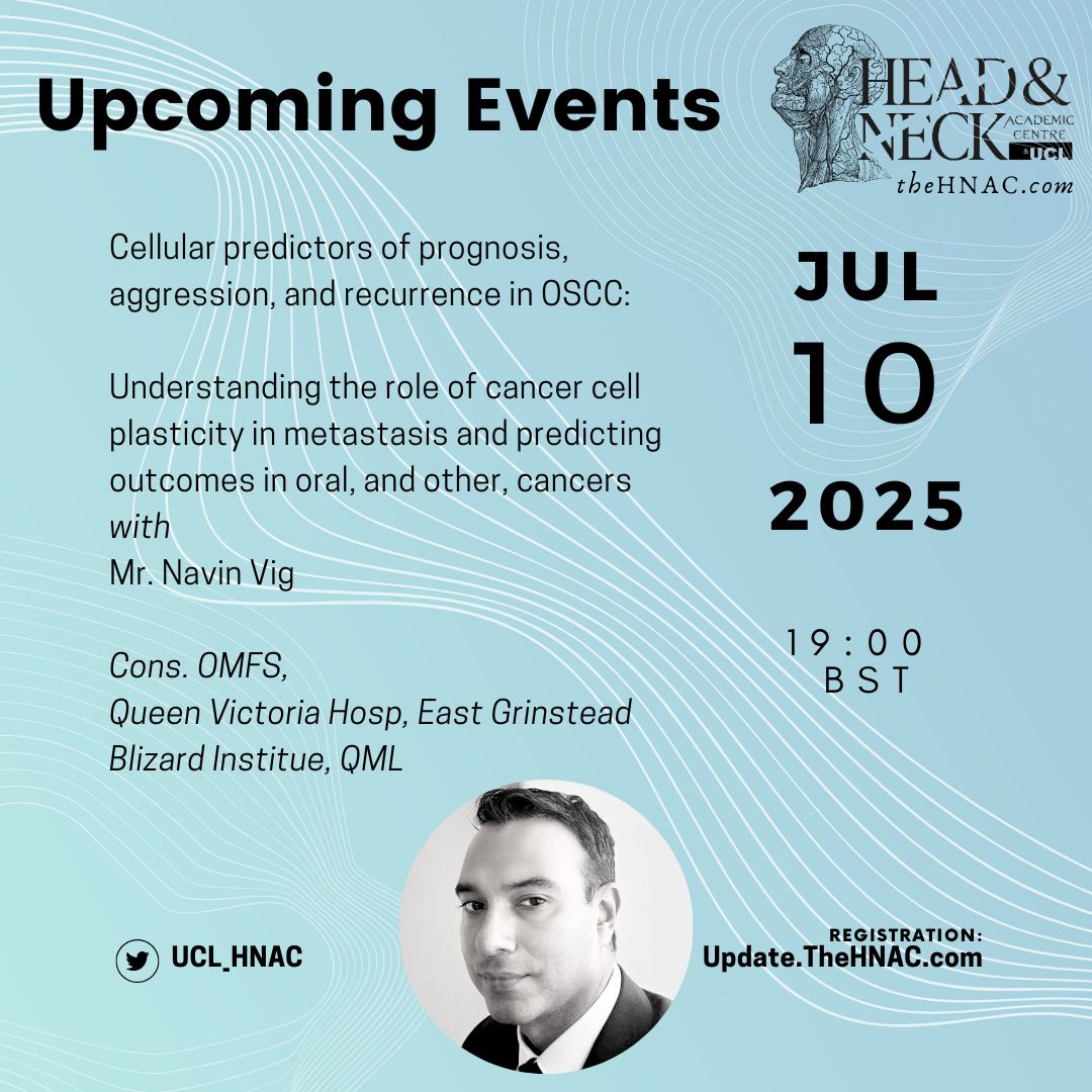 UCL_HNAC's tweet image. The last lecture before the summer break
Join Navin Vig from @qvh with a live Q&A hosted by @ClareSchilling
Free Registration: Update.TheHNAC.com #MedTwitter #OMFS