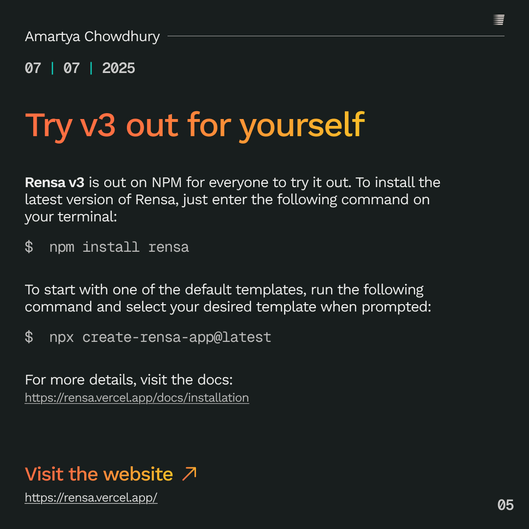 rensa_dev's tweet photo. 🎉 Interested? That was just a peek: Rensa v3 is full of DX additions

✅ Type safety
✅ Structured APIs

🔗 Check it out: [website]
📦 npm: rensa
⭐ GitHub: [repo link]

Do share what you build with it! 💚

#rensa #backend https://t.co/GfHKLjMFPx