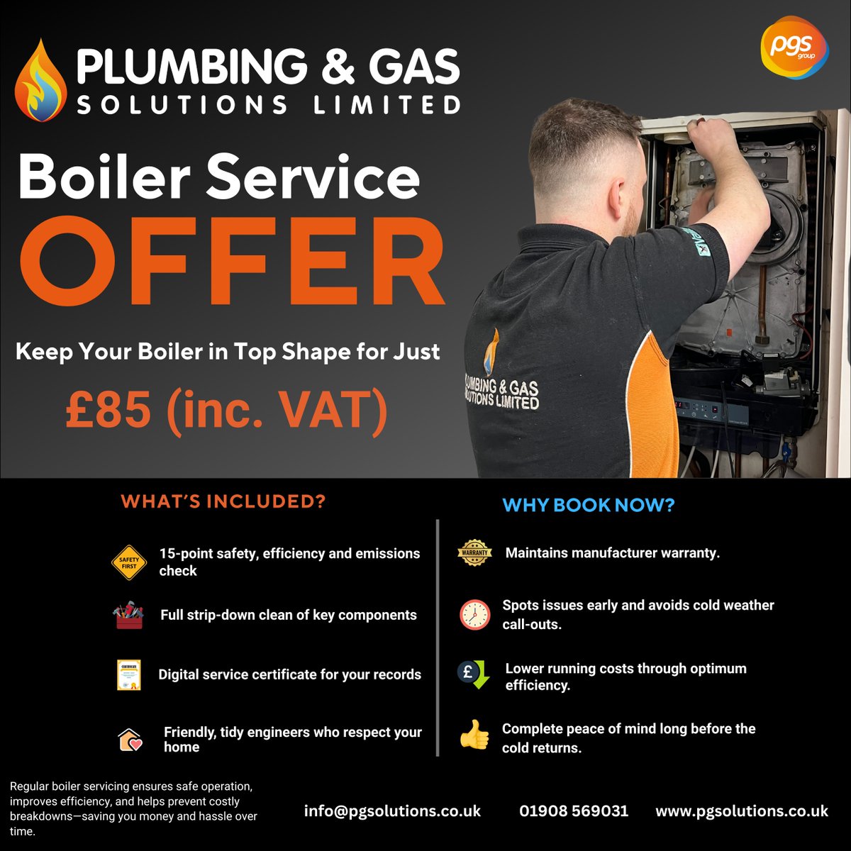 PGSolutionsltd's tweet image. PGS has an exclusive special offer just for you! 🙌
If you book in your Domestic Boiler Service, you can get it for just £85 (inc. VAT). Make sure to contact us today so you can secure this offer! 🤝
01908 569031 📞
info@pgsolutions.co.uk ✉️
pgsolutions.co.uk/domestic-servi… 🌍