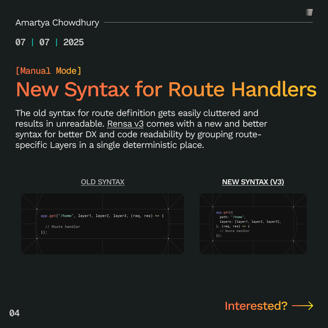 rensa_dev's tweet photo. 🛠️ A Cleaner Syntax for Route Handlers

🕰️Old:
 app.get("/home", layer1, layer2, handler)
✨New:
 app.get({ path, layers: [...] }, handler)

No need for a hunt for what’s a Layer and what's the handler.

Clean. Readable. Scalable. https://t.co/2Kqbih1mTK