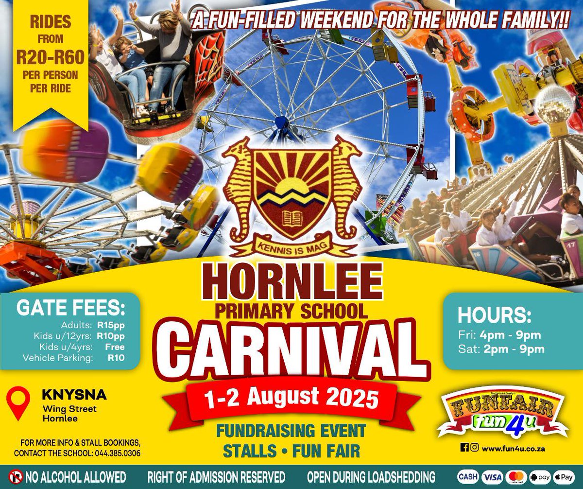 Hornlee Primary’s Annual Fun Fair is around the corner — and you don’t want to miss it!

From LEKKER rides &amp; fun for the whole family. 🗓️1 - 2 Aug is the place to be! 🚀🎠🍭

Adults: R15 
Kids under 12: R10
Under 4: Free
Parking: R10

*NB* - NO ALCOHOL &amp; HOOKAH PIPES ALLOWED‼️
