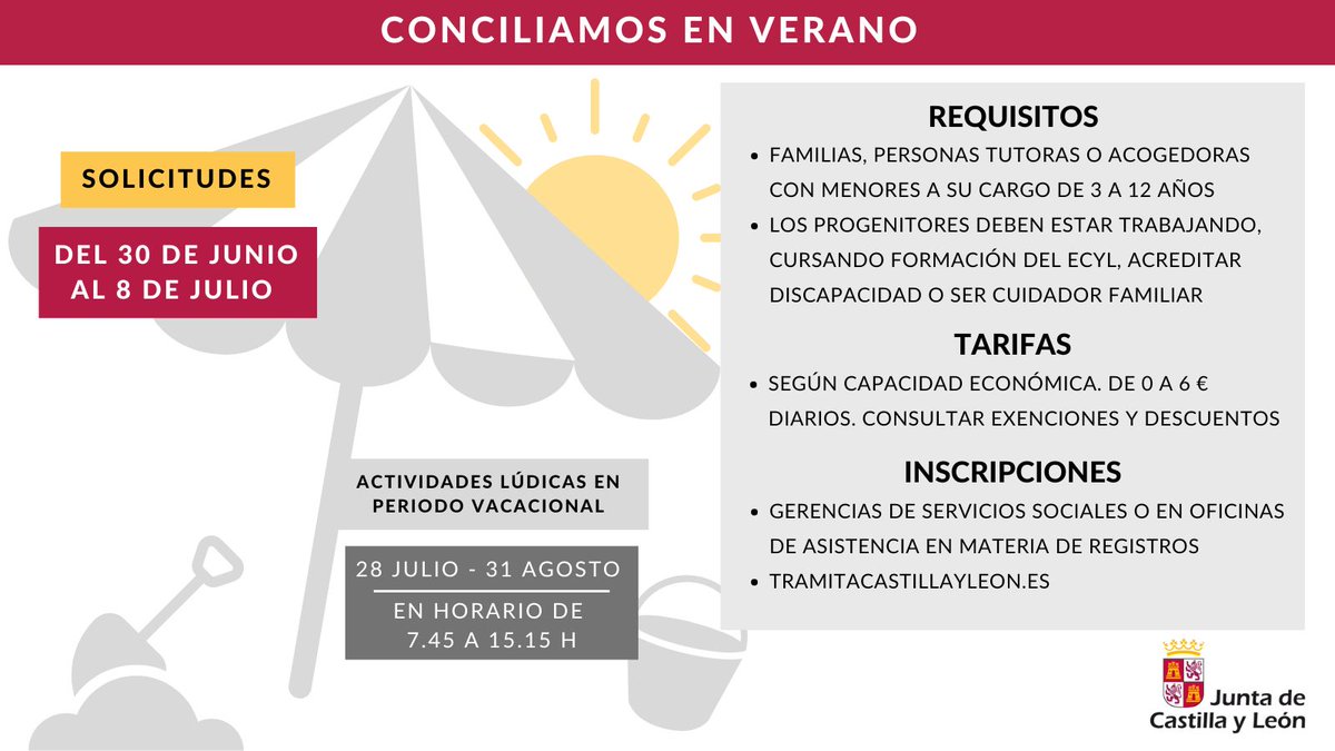 Junta de Castilla y León (@jcyl) on Twitter photo ‼️Si necesitas ayuda para compaginar tus obligaciones familiares y laborales en periodos no lectivos, solicita plaza en 'Conciliamos'
🧒Atención lúdica a niños de 3 a 12 años
✍️Inscríbete para el 2º periodo de verano
📆Hasta el 8 de julio
<a href="/familiajcyl/">Familia Castilla y León</a>
tramitacastillayleon.jcyl.es/web/jcyl/Admin… ‼️Si necesitas ayuda para compaginar tus obligaciones familiares y laborales en periodos no lectivos, solicita plaza en 'Conciliamos'
🧒Atención lúdica a niños de 3 a 12 años
✍️Inscríbete para el 2º periodo de verano
📆Hasta el 8 de julio
<a href="/familiajcyl/">Familia Castilla y León</a>
tramitacastillayleon.jcyl.es/web/jcyl/Admin…