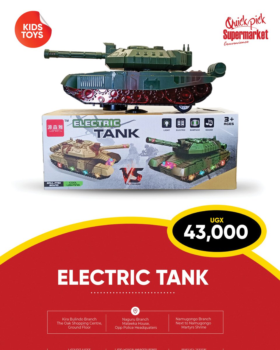 u_quickpick's tweet photo. Gear up for action with this Electric Tank kids toy. Built for epic adventures and imaginative play!

Now available at all our various branches.

#quickpicksupermarketsug
#QuickPickNaguru
#QuickPickNamugongo
#QuickPickKiraBlindo https://t.co/xsrGceYDlr