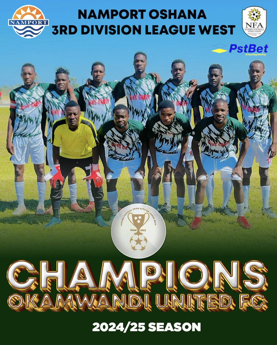 🏆𝐂𝐇𝐀𝐌𝐏𝐈𝐎𝐍𝐒! 

Okamwandi United FC are the champions of Oshana 3rd Division West 3rd Division and have earn an automatic promotion to Oshana 2nd Division.

#footynamibia #promoted
