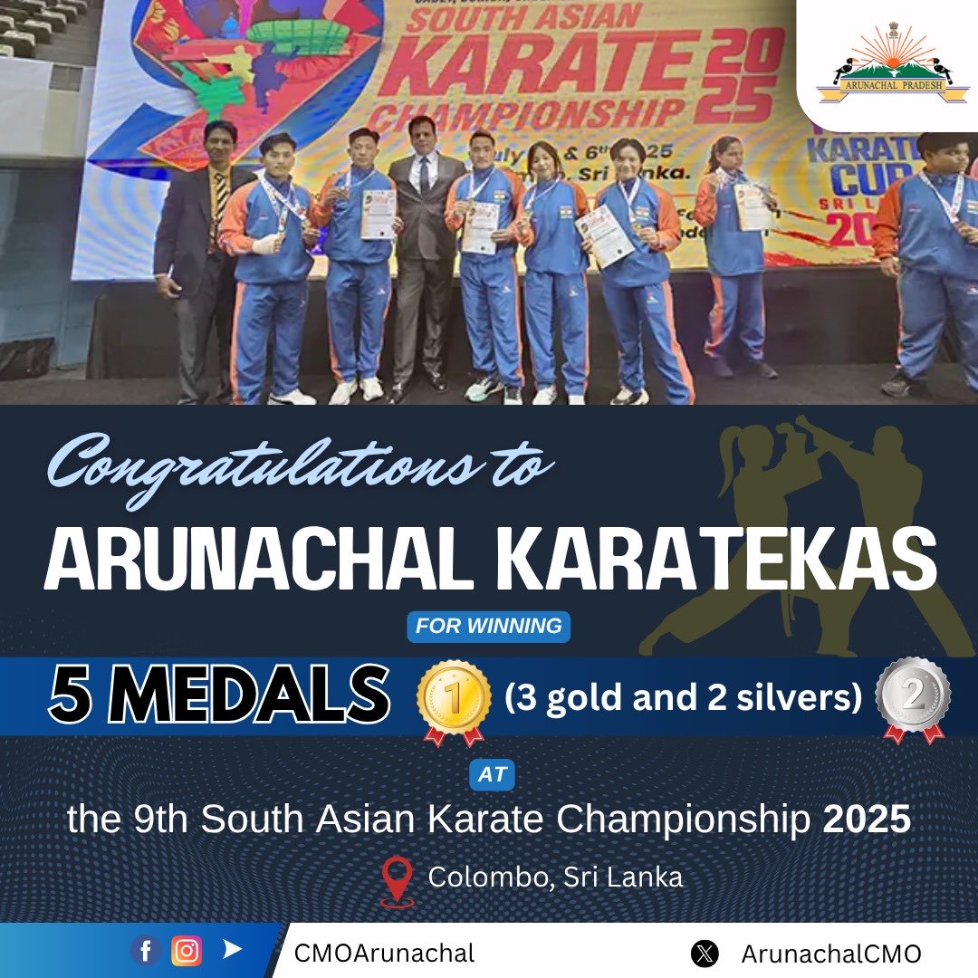ArunachalCMO's tweet photo. Congratulations to Team India for clinching the top spot at the 9th South Asian Karate Championship 2025 in Colombo with an impressive 23🥇, 24🥈 &amp; 12🥉! Special kudos to Arunachal’s karatekas for their brilliant contribution of 3🥇 &amp; 2🥈, making the state &amp; nation proud.
#APAKA https://t.co/2BAqCr896c