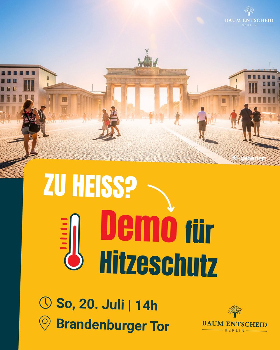 Bald wieder 35 Grad in Berlin! Diese extreme Hitze ist gefährlich – besonders für ältere und kranke Menschen. Berlin muss kühler werden: Deshalb gehen wir auf die Straße! 📢Komm mit uns zur Demo
 🗓️Sonntag, 20. Juli, 14:00 Uhr
📍Brandenburger Tor