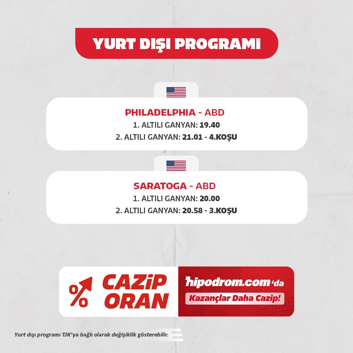 🔴🏇 Bugünün koşularını #hipodromcom'da canlı izle, uzman yazar yorumları ve hazır kuponlarla yarış heyecanına sen de katıl. Kampanyaya katıl butonuna dokunmayı unutma!

🔴💥 Gündüz ve Doğu koşularında 6'lıda tevziye ek 1 milyon! 

🔴💥 Akşam koşularında Ganyan, İkili ve Çifte