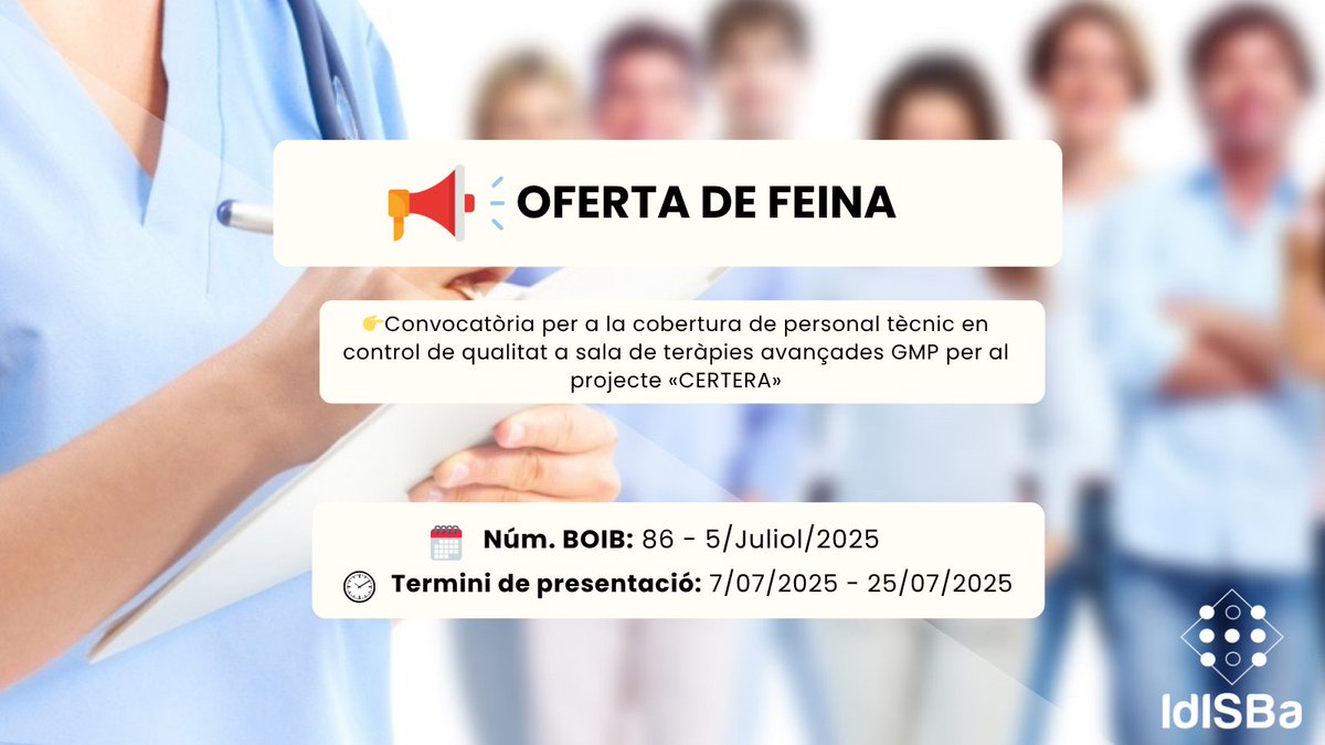 🆕📢#OfertadetreballIdISBa           
  Vols fer feina a l’IdISBa?

👉Convocatòria per a la cobertura de personal tècnic en control de qualitat a sala de teràpies avançades GMP per al projecte «CERTERA»

📎Més informació: 
idisba.es/es/Recursos-Hu…
