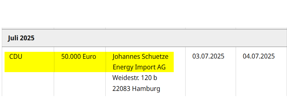 +++ Großspenden-Ticker +++
NEU: 50.000 Euro an die #CDU von Johannes Schuetze
Energy Import AG, Hamburg.