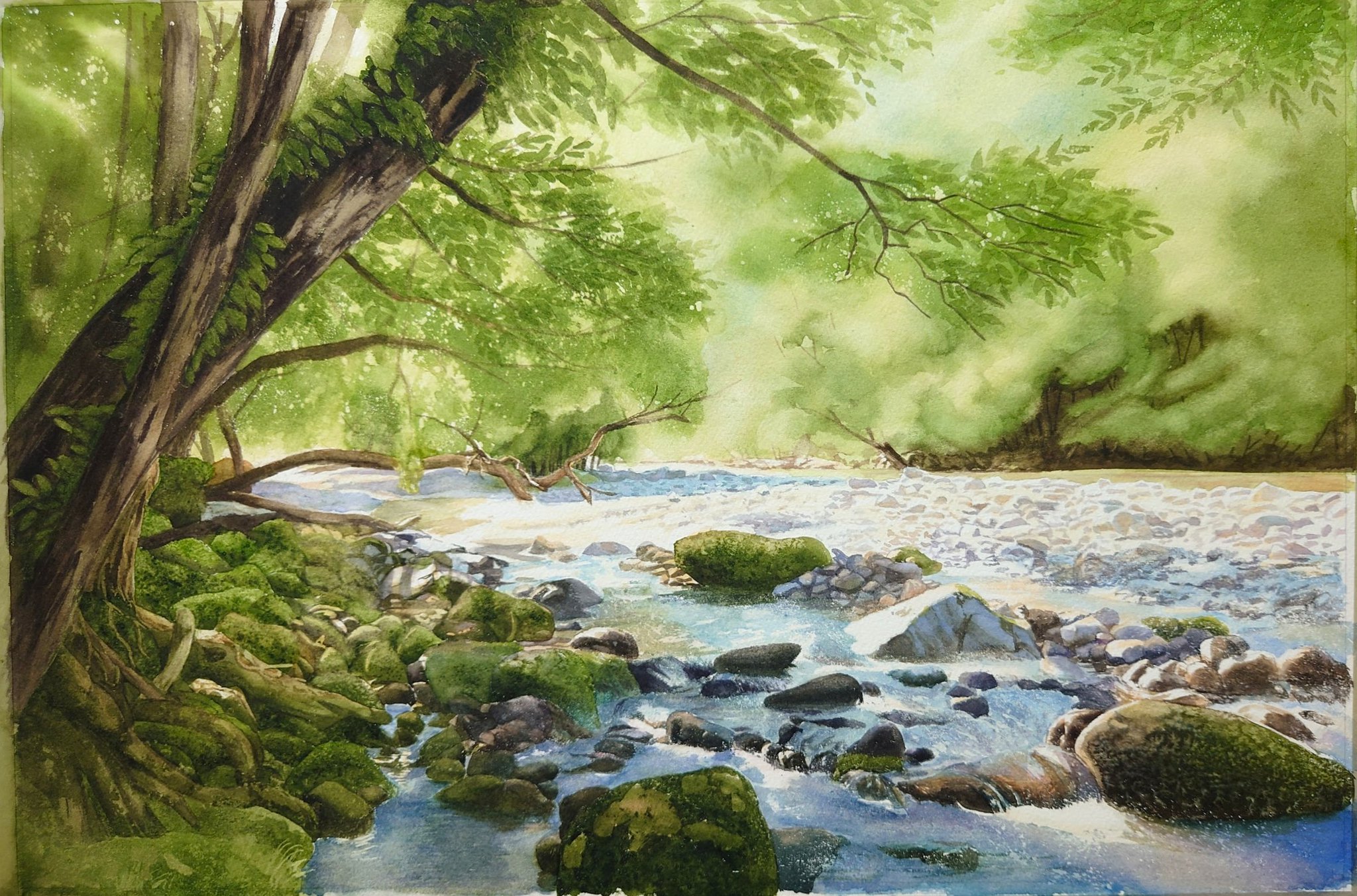 絵画「渓流の釣り」　水彩画 風景水彩画 「渓流の釣り」 原画